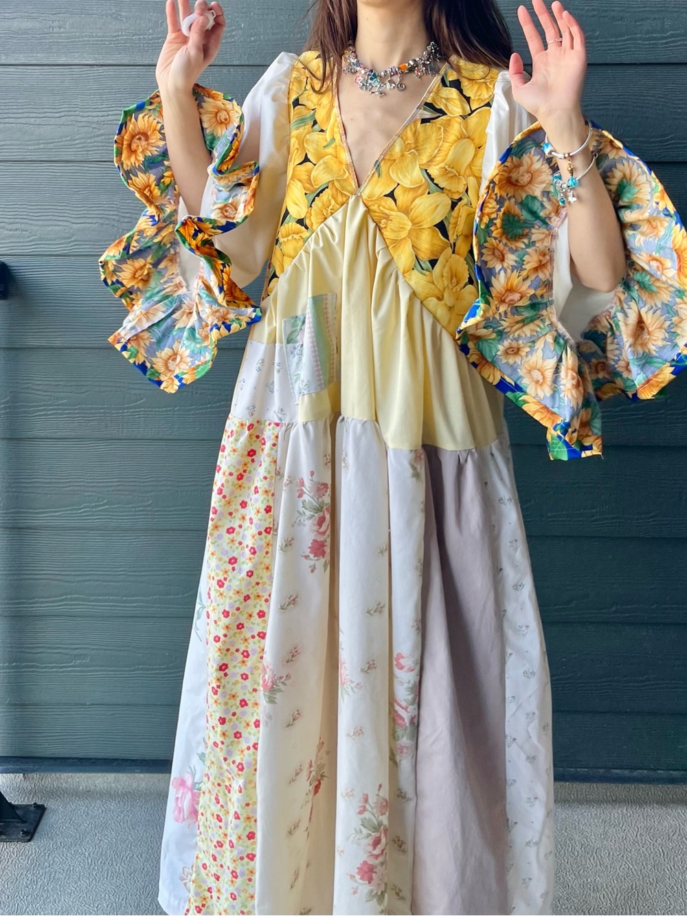 Cloudy Dress | Handmade V-Neck Patchwork Dress with Puff Sleeves | SKU 08034